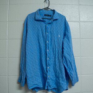 Polo Ralph Lauren 3XB Big Linen Shirt Blue Anchor Print Nautical Button Down